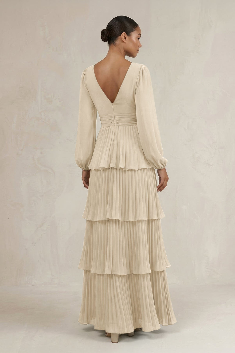 V - Neck Tiered A - Line Long Sleeve Bridesmaid Dress in Champagne - KissProm Bridesmaid Dresses