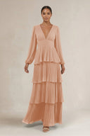 V - Neck Tiered A - Line Long Sleeve Bridesmaid Dress in Champagne Rose - KissProm Bridesmaid Dresses