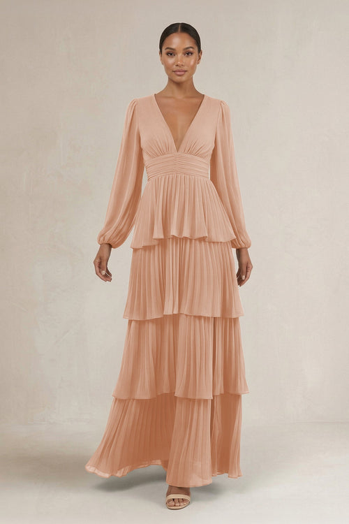 V - Neck Tiered A - Line Long Sleeve Bridesmaid Dress in Champagne Rose - KissProm Bridesmaid Dresses