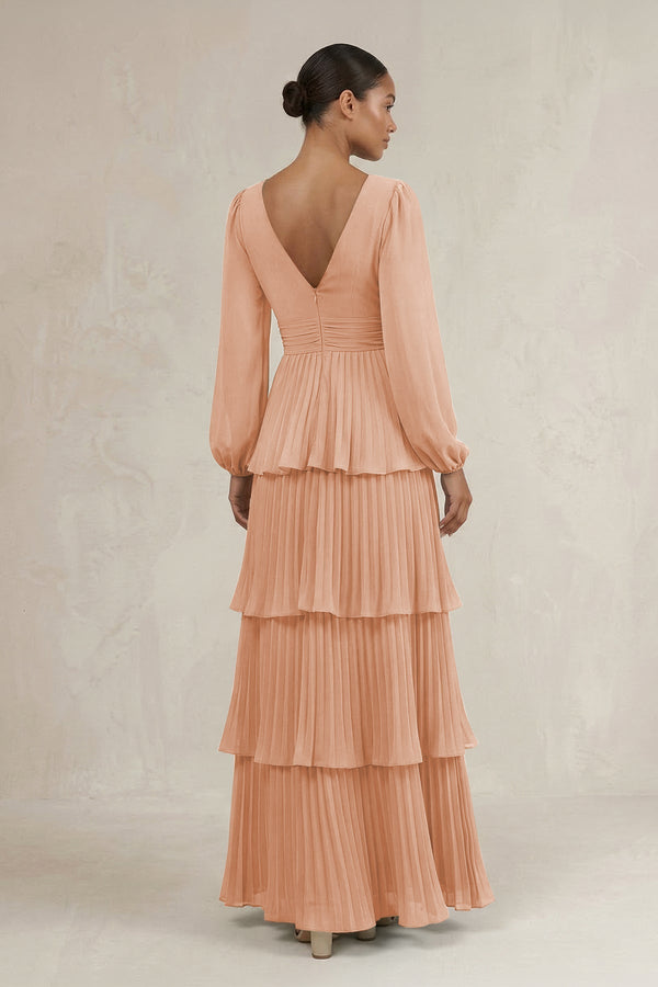 V - Neck Tiered A - Line Long Sleeve Bridesmaid Dress in Champagne Rose - KissProm Bridesmaid Dresses