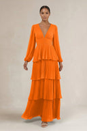 V - Neck Tiered A - Line Long Sleeve Bridesmaid Dress in Cinnamon - KissProm Bridesmaid Dresses