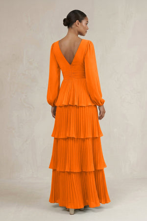 V - Neck Tiered A - Line Long Sleeve Bridesmaid Dress in Cinnamon - KissProm Bridesmaid Dresses