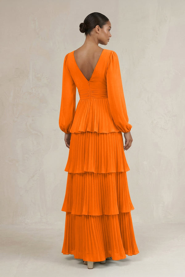 V - Neck Tiered A - Line Long Sleeve Bridesmaid Dress in Cinnamon - KissProm Bridesmaid Dresses