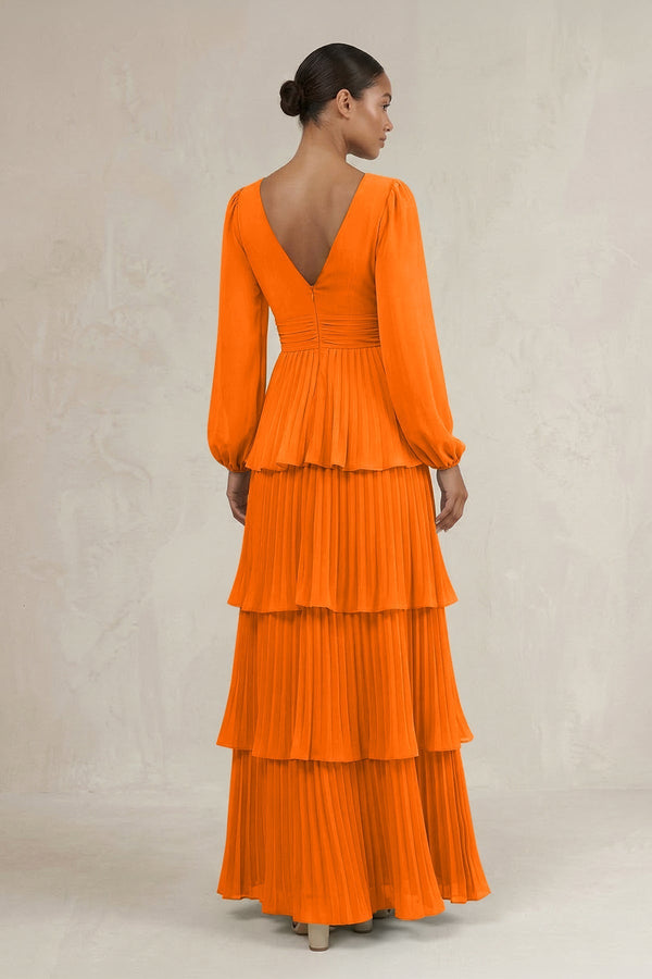 V - Neck Tiered A - Line Long Sleeve Bridesmaid Dress in Cinnamon - KissProm Bridesmaid Dresses