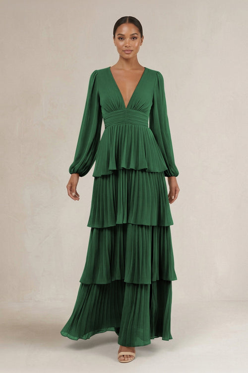 V - Neck Tiered A - Line Long Sleeve Bridesmaid Dress in Dark Green - KissProm Bridesmaid Dresses