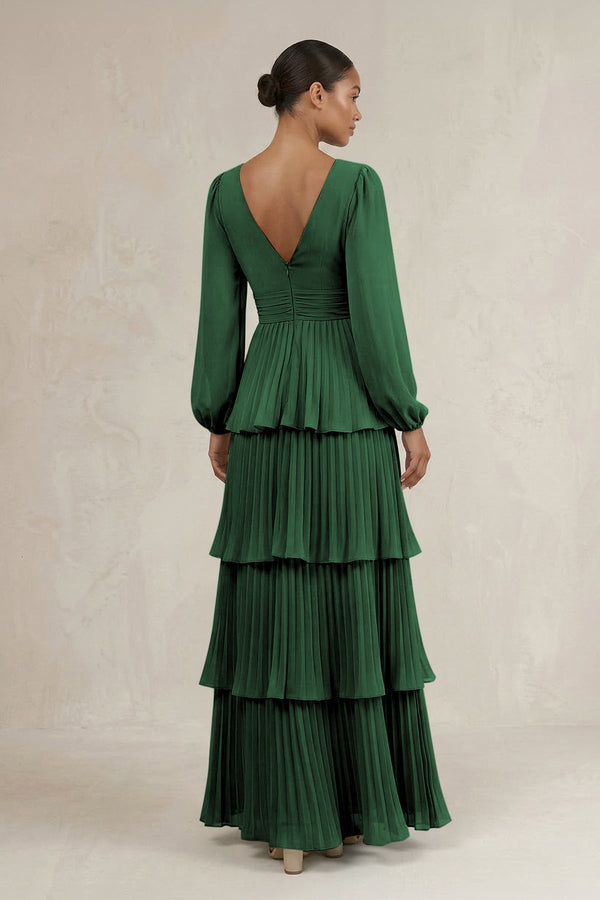V - Neck Tiered A - Line Long Sleeve Bridesmaid Dress in Dark Green - KissProm Bridesmaid Dresses