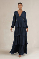 V - Neck Tiered A - Line Long Sleeve Bridesmaid Dress in Dark Navy - KissProm Bridesmaid Dresses