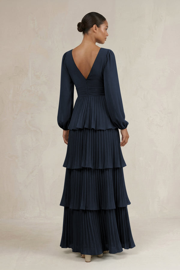 V - Neck Tiered A - Line Long Sleeve Bridesmaid Dress in Dark Navy - KissProm Bridesmaid Dresses