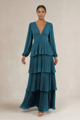 V - Neck Tiered A - Line Long Sleeve Bridesmaid Dress in Dark Teal - KissProm Bridesmaid Dresses