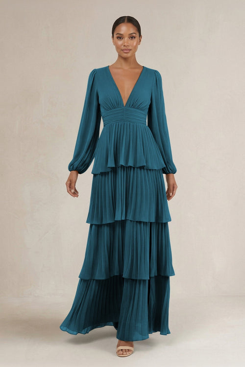 V - Neck Tiered A - Line Long Sleeve Bridesmaid Dress in Dark Teal - KissProm Bridesmaid Dresses