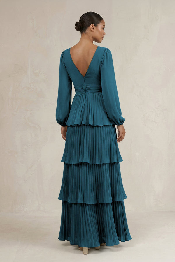 V - Neck Tiered A - Line Long Sleeve Bridesmaid Dress in Dark Teal - KissProm Bridesmaid Dresses