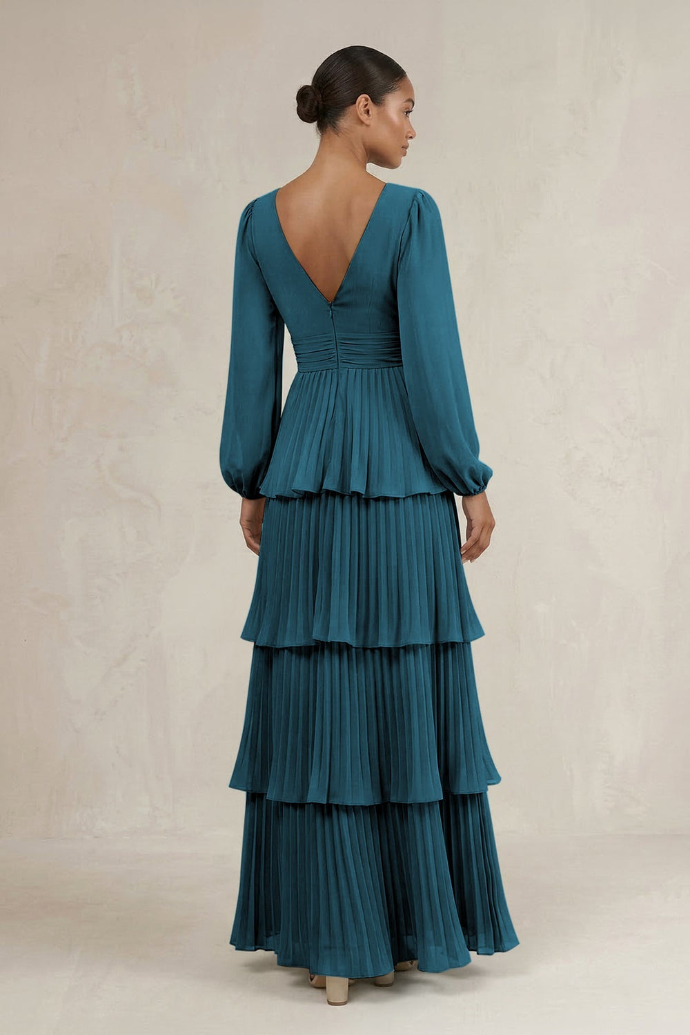 V - Neck Tiered A - Line Long Sleeve Bridesmaid Dress in Dark Teal - KissProm Bridesmaid Dresses