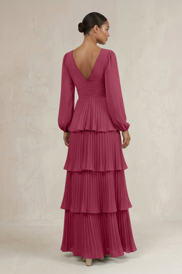 V - Neck Tiered A - Line Long Sleeve Bridesmaid Dress in Desert Rose - KissProm Bridesmaid Dresses