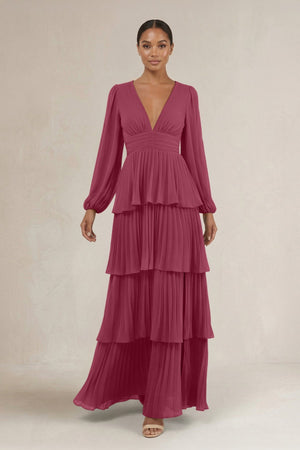 V - Neck Tiered A - Line Long Sleeve Bridesmaid Dress in Desert Rose - KissProm Bridesmaid Dresses