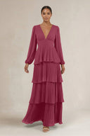V - Neck Tiered A - Line Long Sleeve Bridesmaid Dress in Desert Rose - KissProm Bridesmaid Dresses