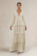 V - Neck Tiered A - Line Long Sleeve Bridesmaid Dress in Dove Gray - KissProm Bridesmaid Dresses