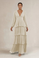 V - Neck Tiered A - Line Long Sleeve Bridesmaid Dress in Dove Gray - KissProm Bridesmaid Dresses