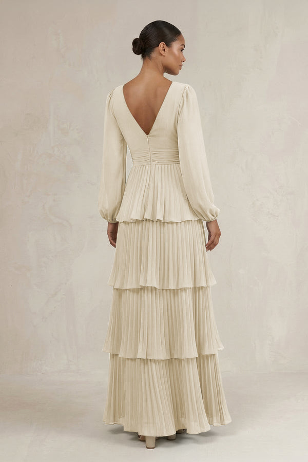 V - Neck Tiered A - Line Long Sleeve Bridesmaid Dress in Dove Gray - KissProm Bridesmaid Dresses