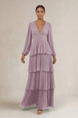 V - Neck Tiered A - Line Long Sleeve Bridesmaid Dress in Dusk - KissProm Bridesmaid Dresses