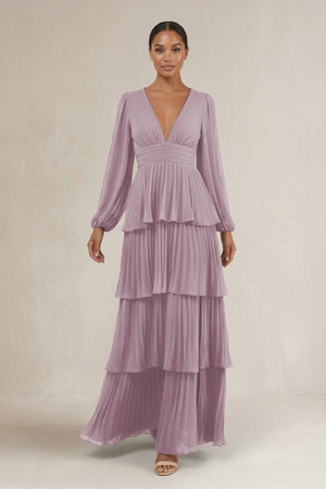 V - Neck Tiered A - Line Long Sleeve Bridesmaid Dress in Dusk - KissProm Bridesmaid Dresses