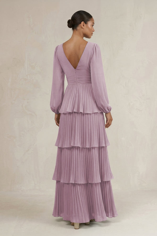 V - Neck Tiered A - Line Long Sleeve Bridesmaid Dress in Dusk - KissProm Bridesmaid Dresses