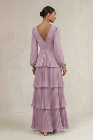V - Neck Tiered A - Line Long Sleeve Bridesmaid Dress in Dusk - KissProm Bridesmaid Dresses