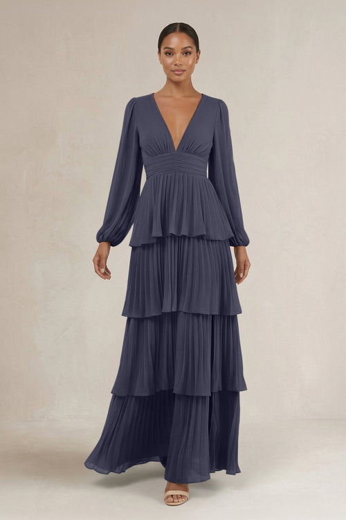 V - Neck Tiered A - Line Long Sleeve Bridesmaid Dress in Dusk Blue - KissProm Bridesmaid Dresses