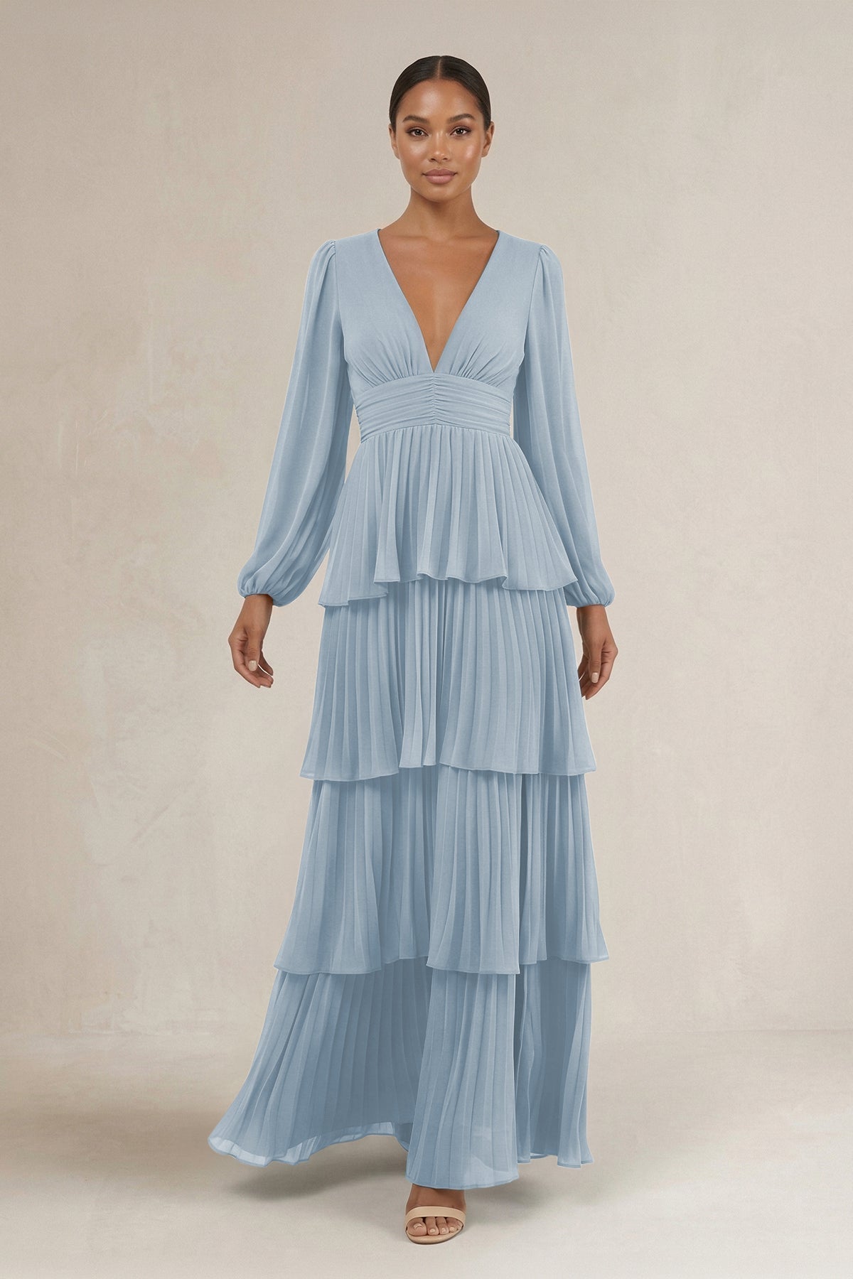 KissProm V-Neck Tiered A-Line Long Sleeve Bridesmaid Dress in Dusty Blue, Dusty Blue / 4