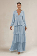 V - Neck Tiered A - Line Long Sleeve Bridesmaid Dress in Dusty Blue - KissProm Bridesmaid Dresses