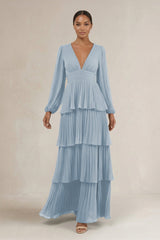 V - Neck Tiered A - Line Long Sleeve Bridesmaid Dress in Dusty Blue - KissProm Bridesmaid Dresses