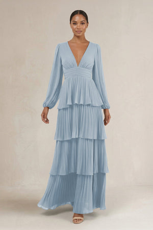 V - Neck Tiered A - Line Long Sleeve Bridesmaid Dress in Dusty Blue - KissProm Bridesmaid Dresses