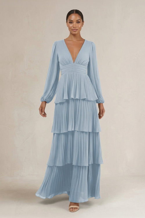 V - Neck Tiered A - Line Long Sleeve Bridesmaid Dress in Dusty Blue - KissProm Bridesmaid Dresses