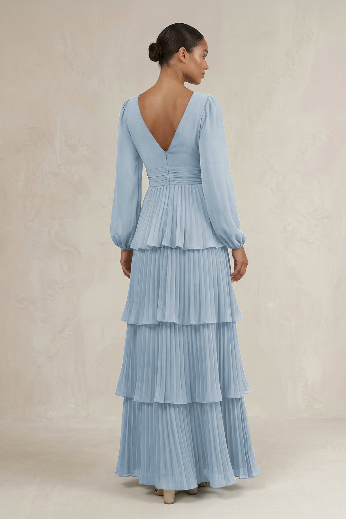 KissProm V-Neck Tiered A-Line Long Sleeve Bridesmaid Dress in Dusty Blue, Dusty Blue / 4