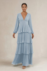 V - Neck Tiered A - Line Long Sleeve Bridesmaid Dress in Dusty Blue - KissProm Bridesmaid Dresses