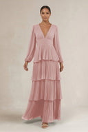 V - Neck Tiered A - Line Long Sleeve Bridesmaid Dress in Dusty Rose - KissProm Bridesmaid Dresses