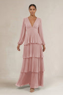 V - Neck Tiered A - Line Long Sleeve Bridesmaid Dress in Dusty Rose - KissProm Bridesmaid Dresses