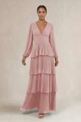 V - Neck Tiered A - Line Long Sleeve Bridesmaid Dress in Dusty Rose - KissProm Bridesmaid Dresses