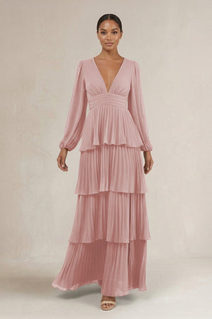 V - Neck Tiered A - Line Long Sleeve Bridesmaid Dress in Dusty Rose - KissProm Bridesmaid Dresses