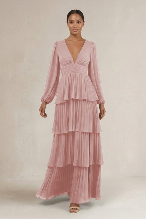 V - Neck Tiered A - Line Long Sleeve Bridesmaid Dress in Dusty Rose - KissProm Bridesmaid Dresses
