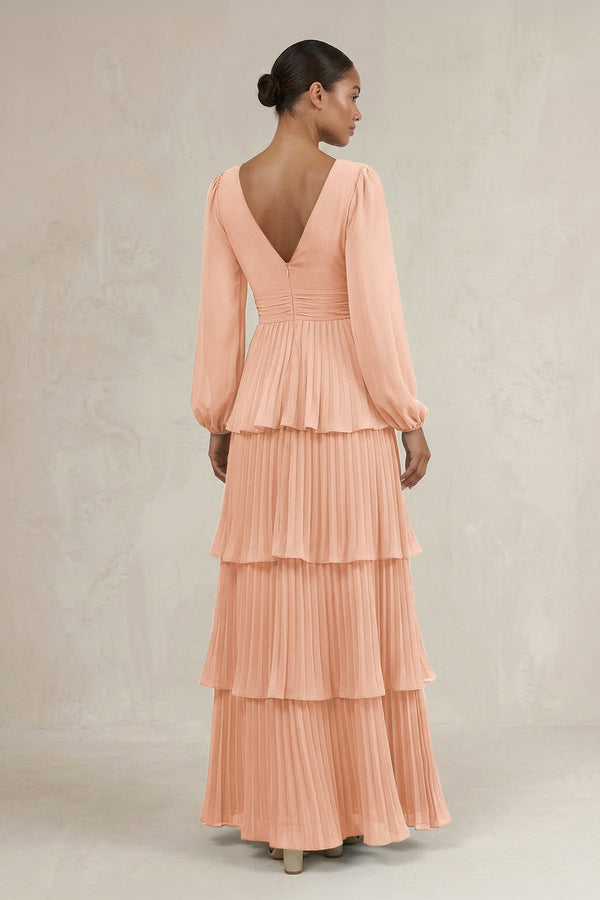 V - Neck Tiered A - Line Long Sleeve Bridesmaid Dress in English Rose - KissProm Bridesmaid Dresses