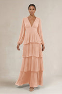 V - Neck Tiered A - Line Long Sleeve Bridesmaid Dress in English Rose - KissProm Bridesmaid Dresses