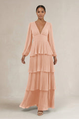 V - Neck Tiered A - Line Long Sleeve Bridesmaid Dress in English Rose - KissProm Bridesmaid Dresses