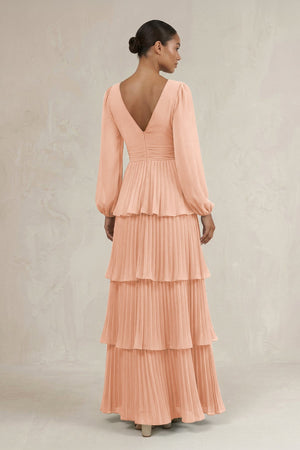 V - Neck Tiered A - Line Long Sleeve Bridesmaid Dress in English Rose - KissProm Bridesmaid Dresses