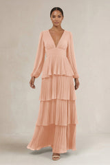 V - Neck Tiered A - Line Long Sleeve Bridesmaid Dress in English Rose - KissProm Bridesmaid Dresses