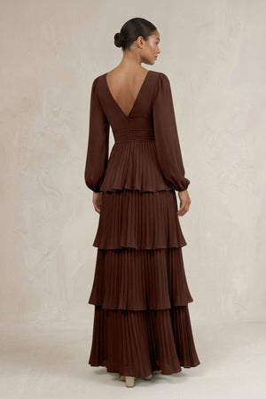 V - Neck Tiered A - Line Long Sleeve Bridesmaid Dress in Espresso - KissProm Bridesmaid Dresses