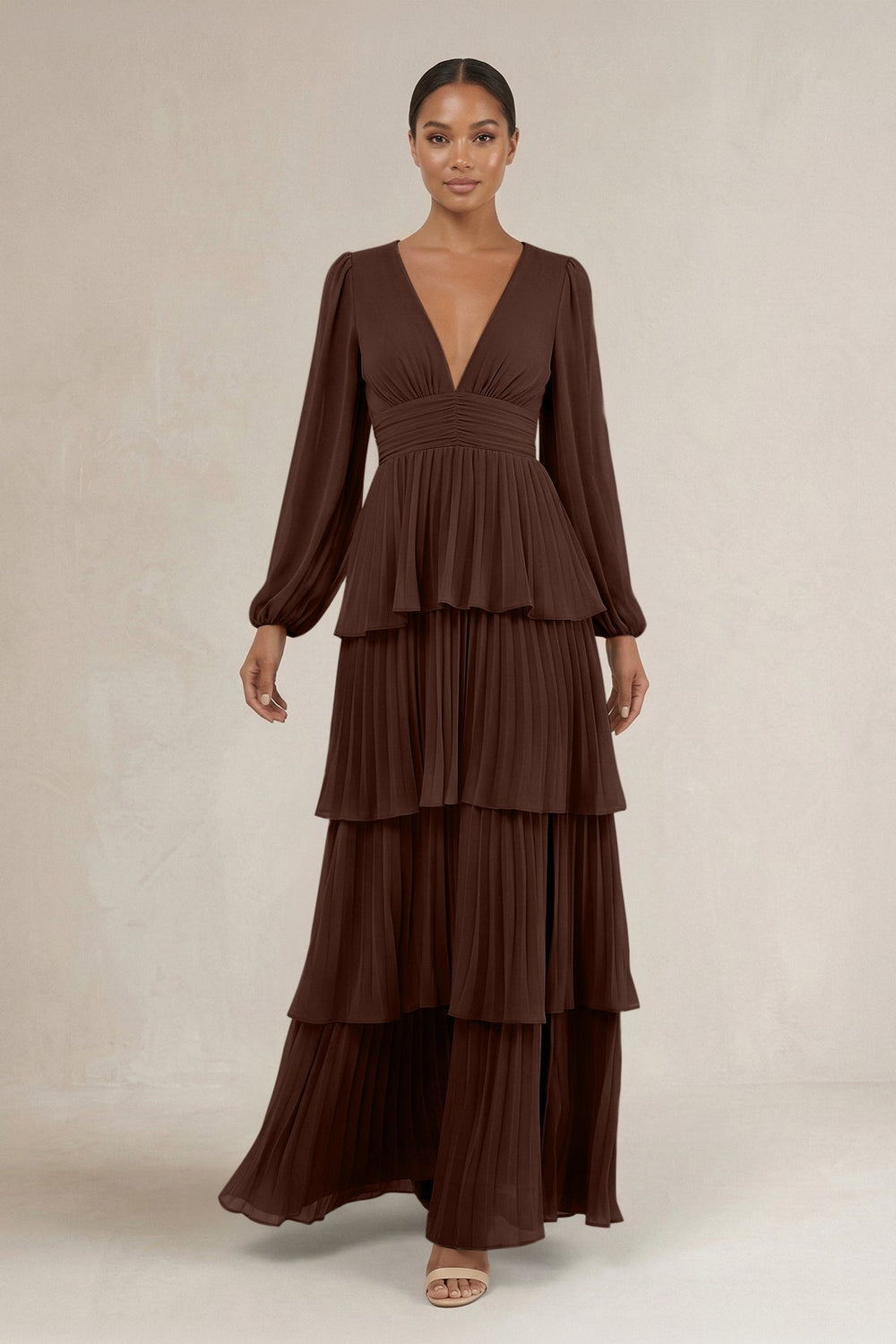 V - Neck Tiered A - Line Long Sleeve Bridesmaid Dress in Espresso - KissProm Bridesmaid Dresses