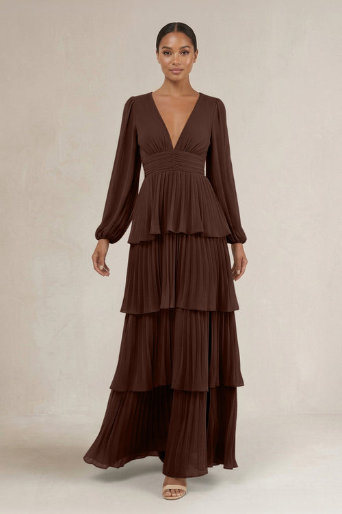 V - Neck Tiered A - Line Long Sleeve Bridesmaid Dress in Espresso - KissProm Bridesmaid Dresses