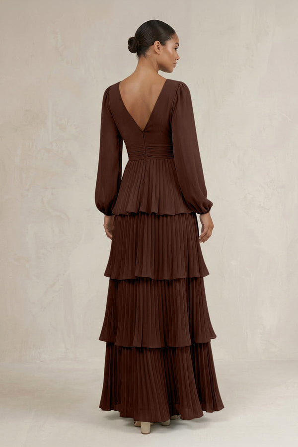 V - Neck Tiered A - Line Long Sleeve Bridesmaid Dress in Espresso - KissProm Bridesmaid Dresses