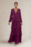 V - Neck Tiered A - Line Long Sleeve Bridesmaid Dress in Fig - KissProm Bridesmaid Dresses