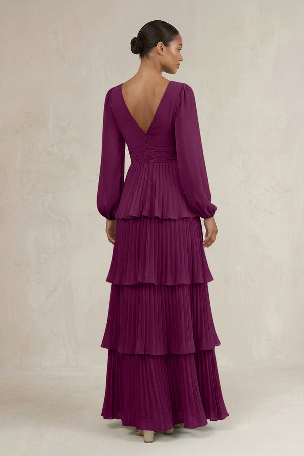 V - Neck Tiered A - Line Long Sleeve Bridesmaid Dress in Fig - KissProm Bridesmaid Dresses
